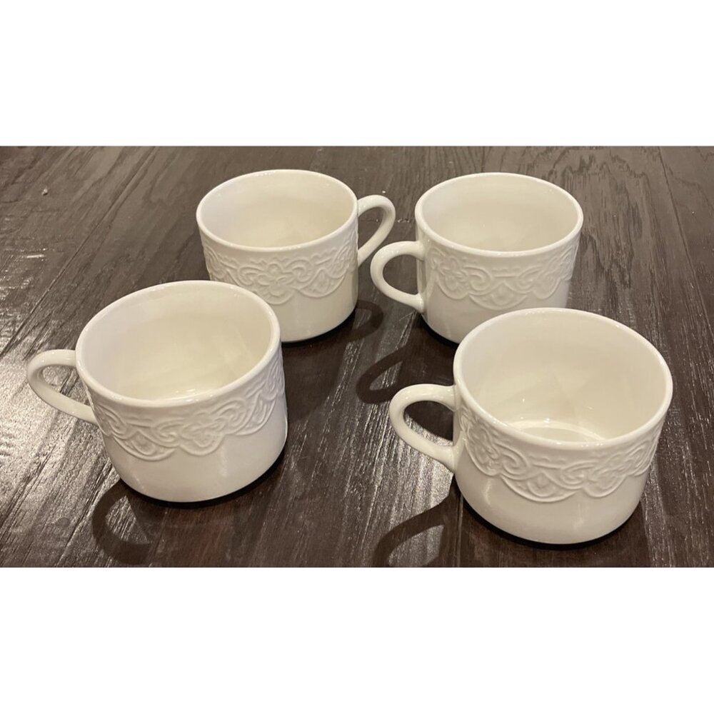 Tabletops Unlimited Battenburg‎ Lace Tea Cup Cups Set Of 4 White